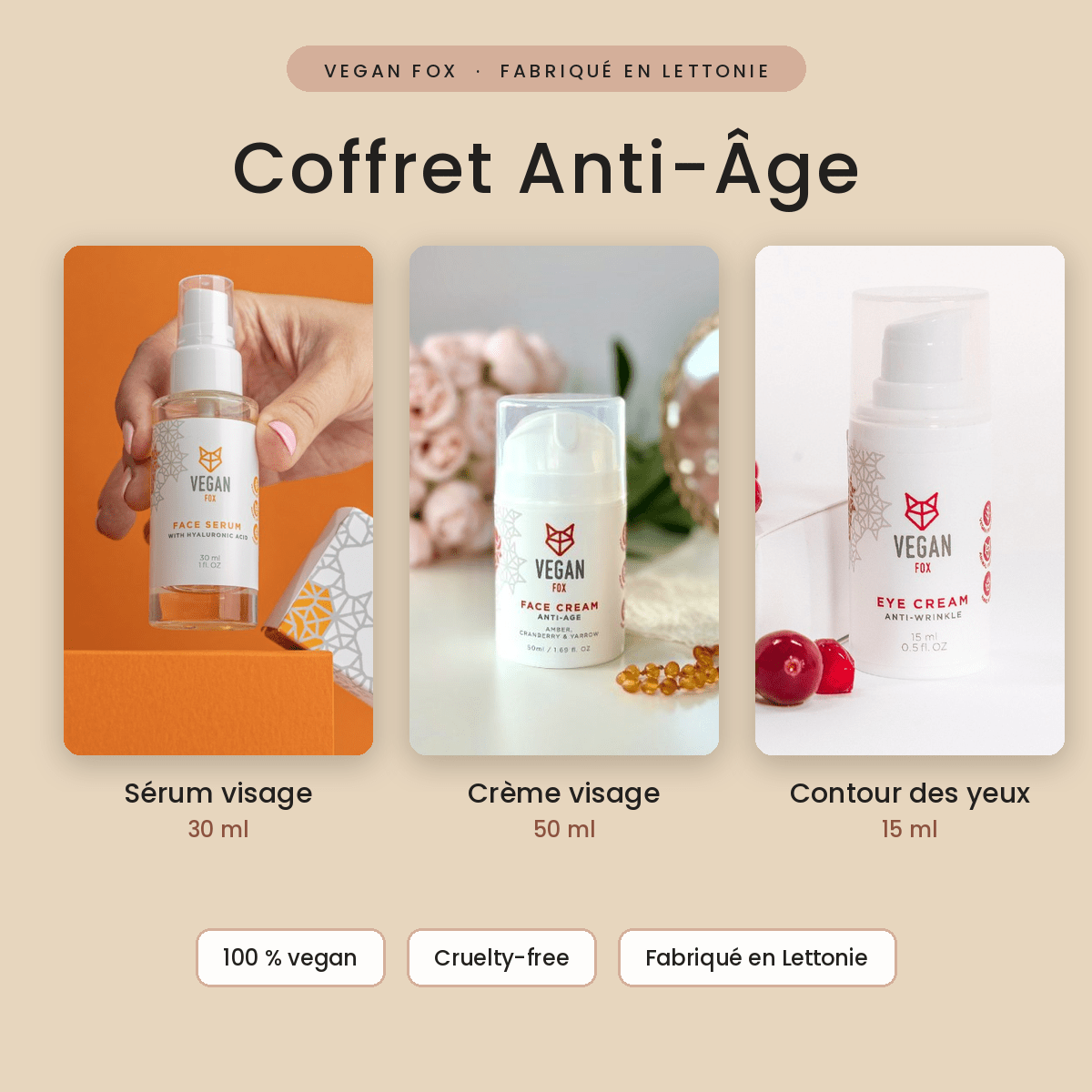 Coffret Anti-Âge Vegan Fox — Sérum, Crème Visage & Contour des Yeux